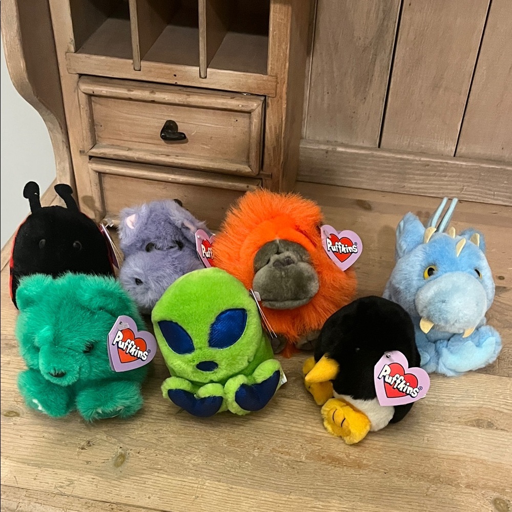 Lot of 7 Puffkins Green Bear Ape Penguin Alien Hippo Dudley Dragon Ladybug
